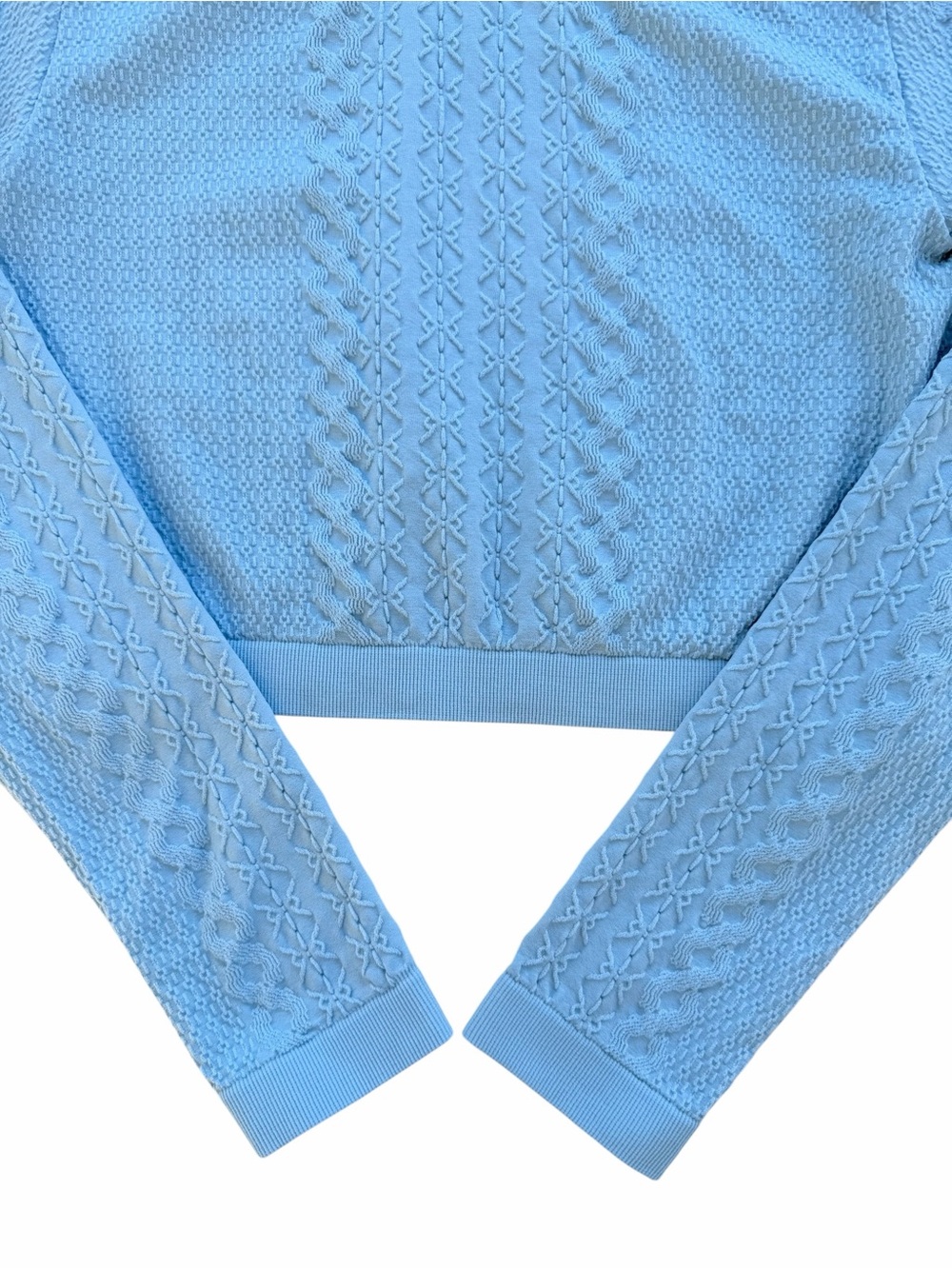 Light Blue Cable and Honeycomb Texture-Mapped Long-Sleeve Activewear Crop Top XL - Picture 5 of 6